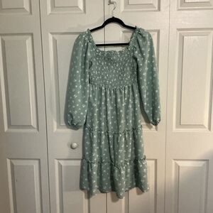 As U Wish Women Green floral Dress smocked long sleeve mini ruffle sleeve Small